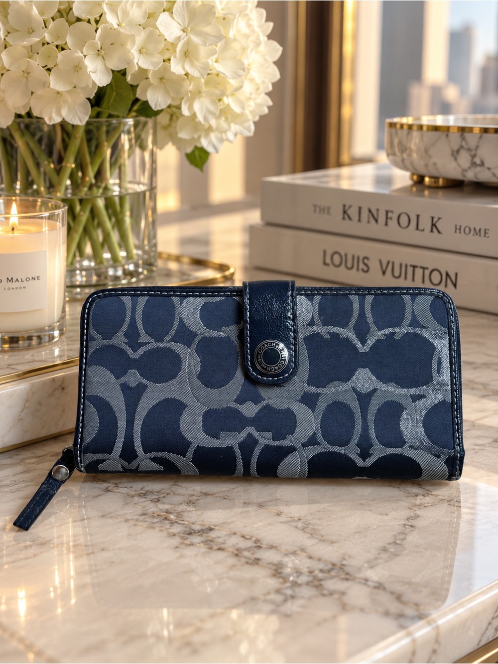 Coach Signature C Jacquard Navy Accordion Zip Around Long Wallet Y2K